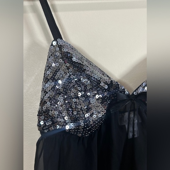 Y2K Vintage Slip Dress Medium Black Sheer Mesh Sequin Babydoll Chemise Lingerie - Picture 2 of 4